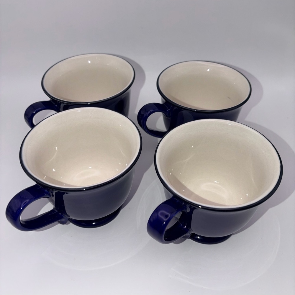 Vintage Cobalt Blue Stoneware Tea Cups Set w Sugar Bowl & Creamer - Picture 5 of 16